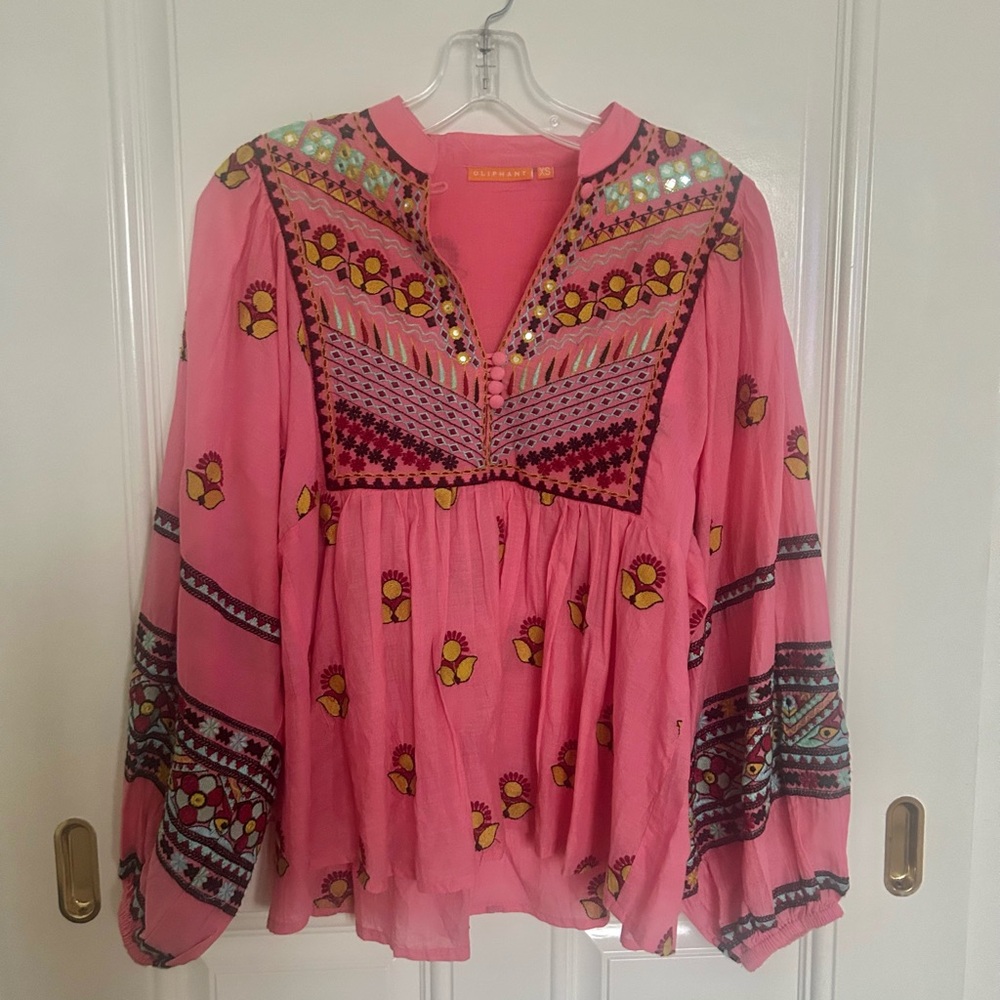 Oliphant pink embroidered blouse XS EUC